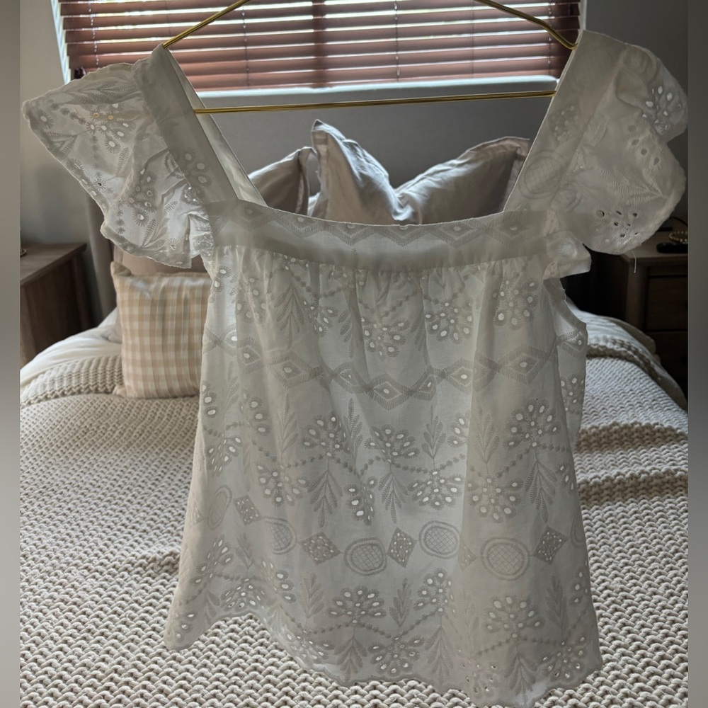 White Eyelet Ruffle Sleeve Top